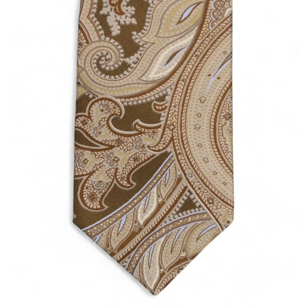 New IKE Behar 100% Silk Neck Tie Tan Blue Paisley Print Woven Made in USA NWT - Picture 2 of 8